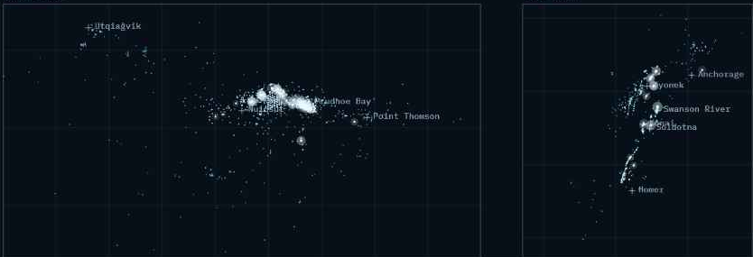 Map of Alaska oil and gas wells on the North Slope and Cook Inlet, colored by year drilled